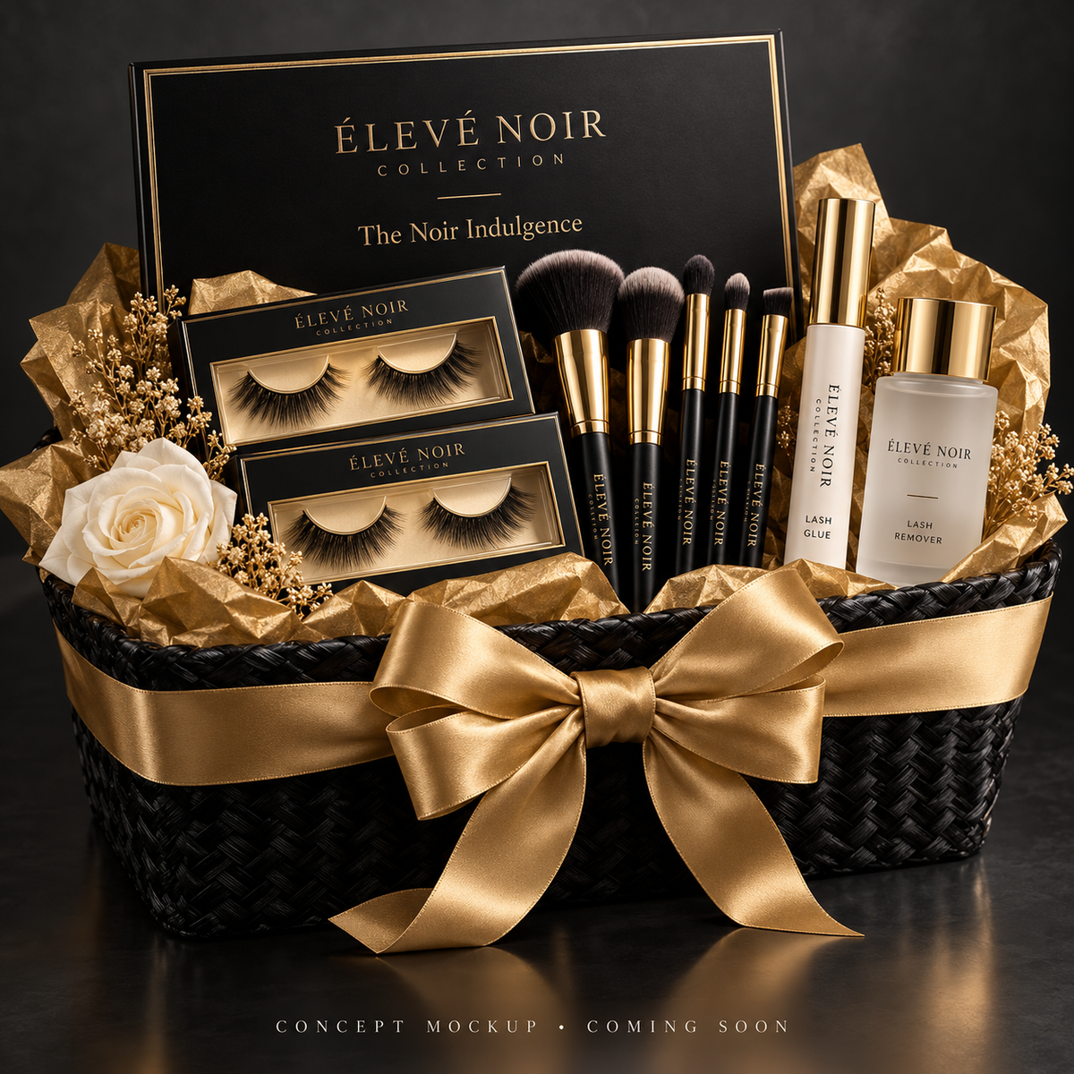 The Noir Indulgence — Élevé Noir Collection temporary concept mockup; final products and packaging may differ.